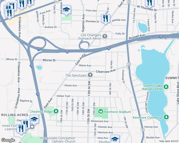 map of restaurants, bars, coffee shops, grocery stores, and more near 1700 13th Street Southwest in Akron