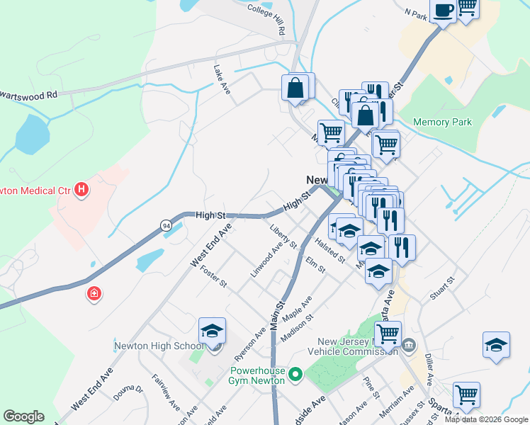 map of restaurants, bars, coffee shops, grocery stores, and more near 83 High Street in Newton