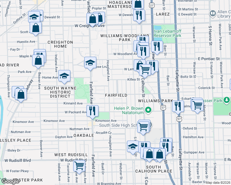 map of restaurants, bars, coffee shops, grocery stores, and more near 3028 Shawnee Drive in Fort Wayne