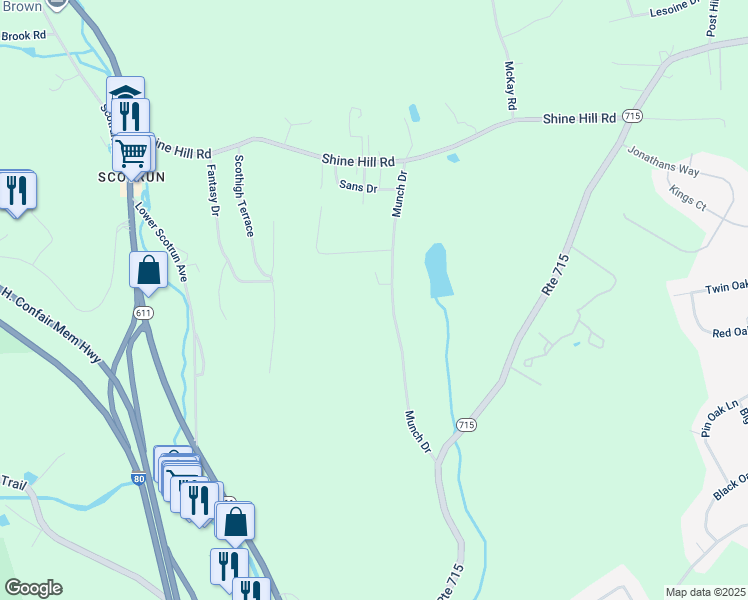 map of restaurants, bars, coffee shops, grocery stores, and more near 183 Munch Drive in Henryville