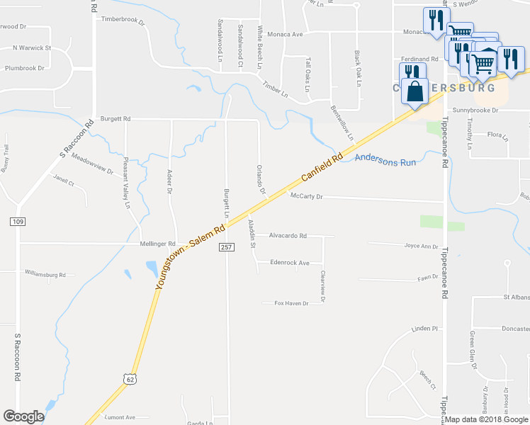 map of restaurants, bars, coffee shops, grocery stores, and more near 4259 Canfield Road in Canfield