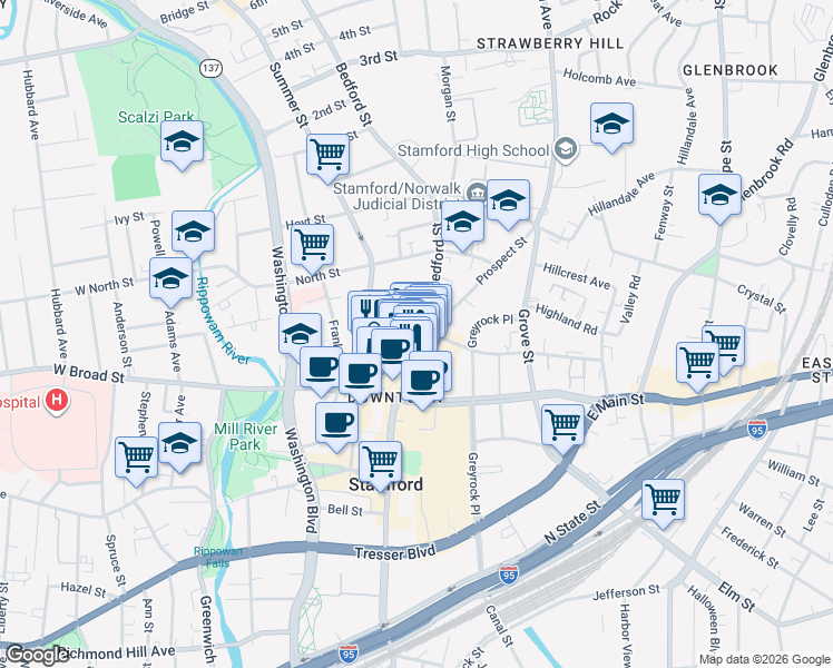 map of restaurants, bars, coffee shops, grocery stores, and more near 272 Bedford Street in Stamford