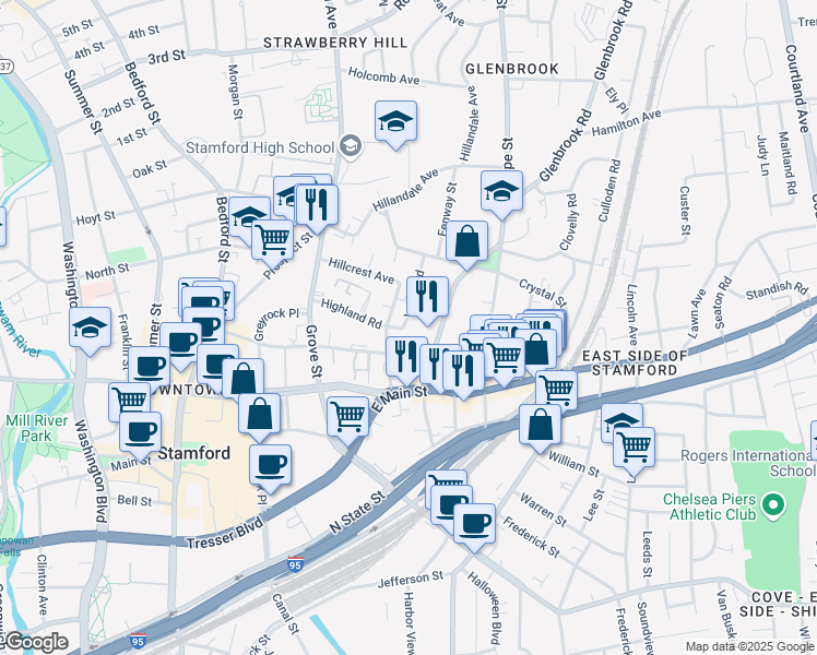 map of restaurants, bars, coffee shops, grocery stores, and more near 1 Valley Road in Stamford