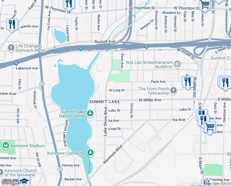 map of restaurants, bars, coffee shops, grocery stores, and more near 297 West Miller Avenue in Akron