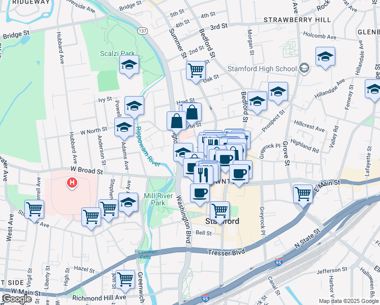 map of restaurants, bars, coffee shops, grocery stores, and more near 1231 Washington Boulevard in Stamford