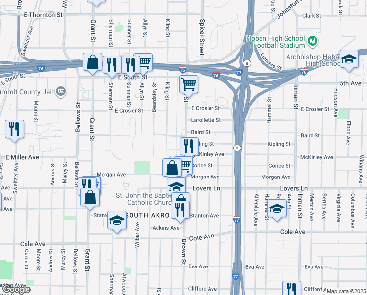 map of restaurants, bars, coffee shops, grocery stores, and more near 935 Brown Street in Akron