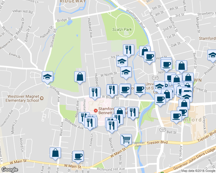 map of restaurants, bars, coffee shops, grocery stores, and more near 38 Hinckley Avenue in Stamford
