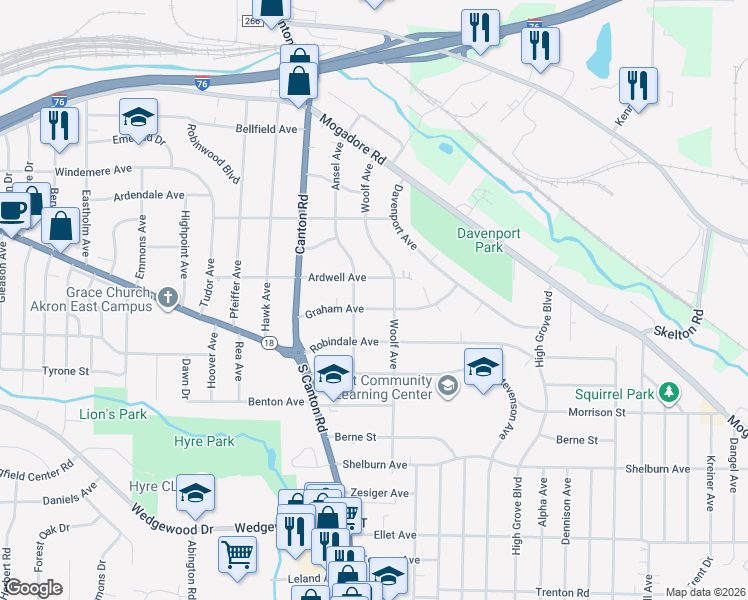 map of restaurants, bars, coffee shops, grocery stores, and more near 2556 Graham Avenue in Akron