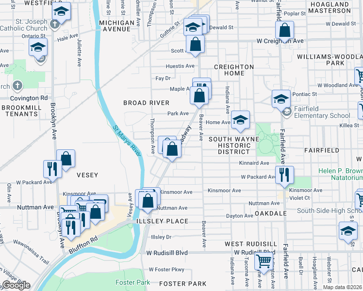 map of restaurants, bars, coffee shops, grocery stores, and more near 1138 Kinnaird Avenue in Fort Wayne