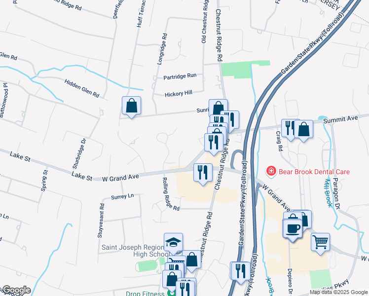 map of restaurants, bars, coffee shops, grocery stores, and more near 225 Summit Avenue in Montvale