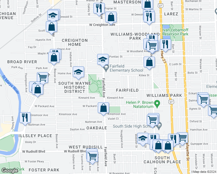 map of restaurants, bars, coffee shops, grocery stores, and more near 448 West Wildwood Avenue in Fort Wayne