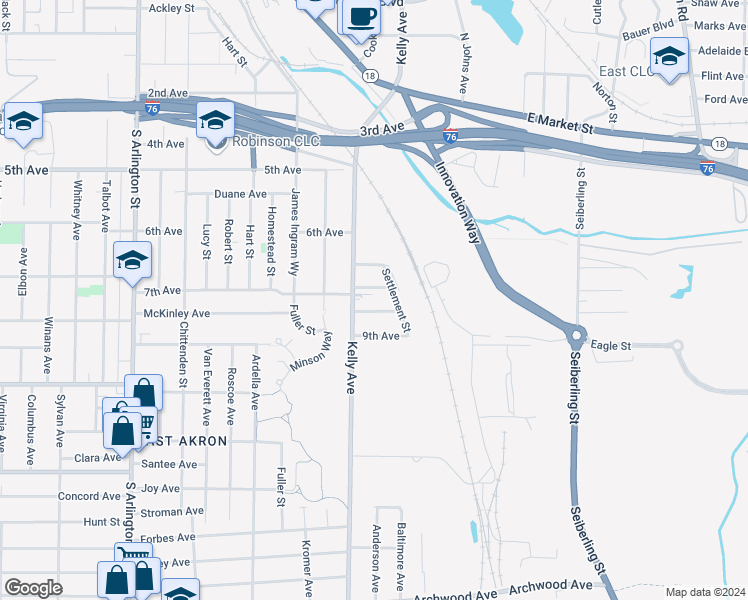 map of restaurants, bars, coffee shops, grocery stores, and more near 118 Kelly Court in Akron