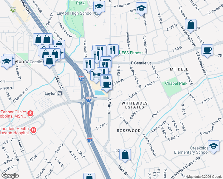 map of restaurants, bars, coffee shops, grocery stores, and more near 499 Twin Trees Lane in Layton