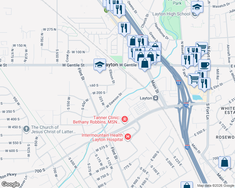 map of restaurants, bars, coffee shops, grocery stores, and more near 243 South Dawson Street in Layton