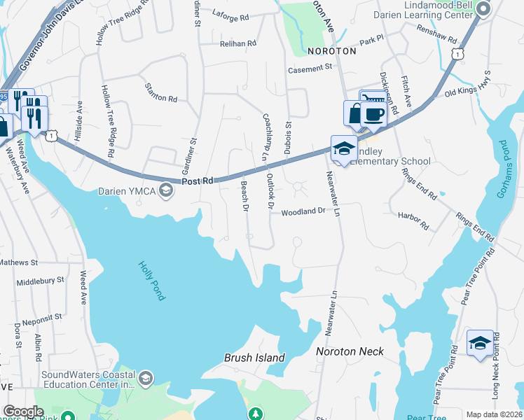 map of restaurants, bars, coffee shops, grocery stores, and more near 21 Outlook Drive in Darien