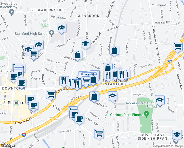 map of restaurants, bars, coffee shops, grocery stores, and more near 29 Quintard Terrace in Stamford