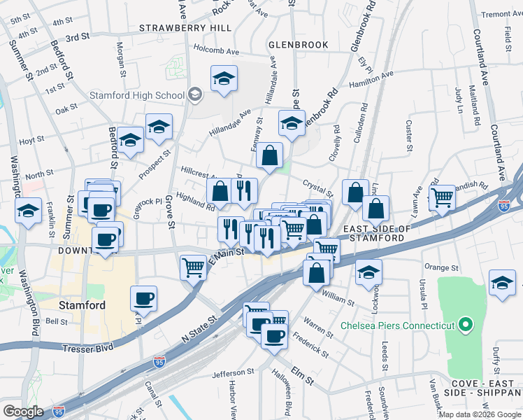 map of restaurants, bars, coffee shops, grocery stores, and more near 39 Glenbrook Road in Stamford