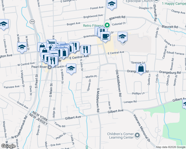 map of restaurants, bars, coffee shops, grocery stores, and more near 87 South Middletown Road in Pearl River
