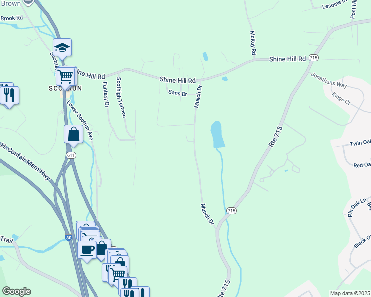map of restaurants, bars, coffee shops, grocery stores, and more near 183 Munch Drive in Henryville