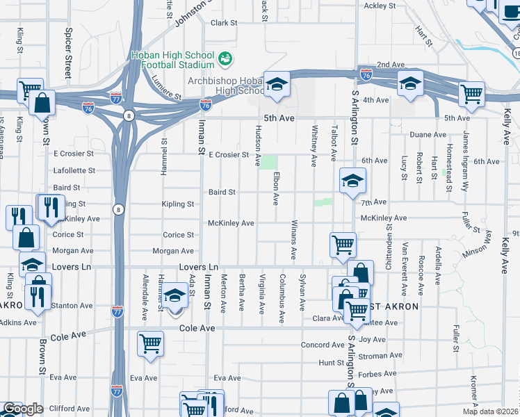 map of restaurants, bars, coffee shops, grocery stores, and more near 896 McKinley Avenue in Akron