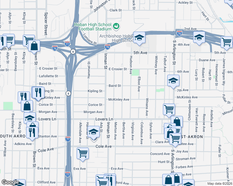 map of restaurants, bars, coffee shops, grocery stores, and more near 808 McKinley Avenue in Akron