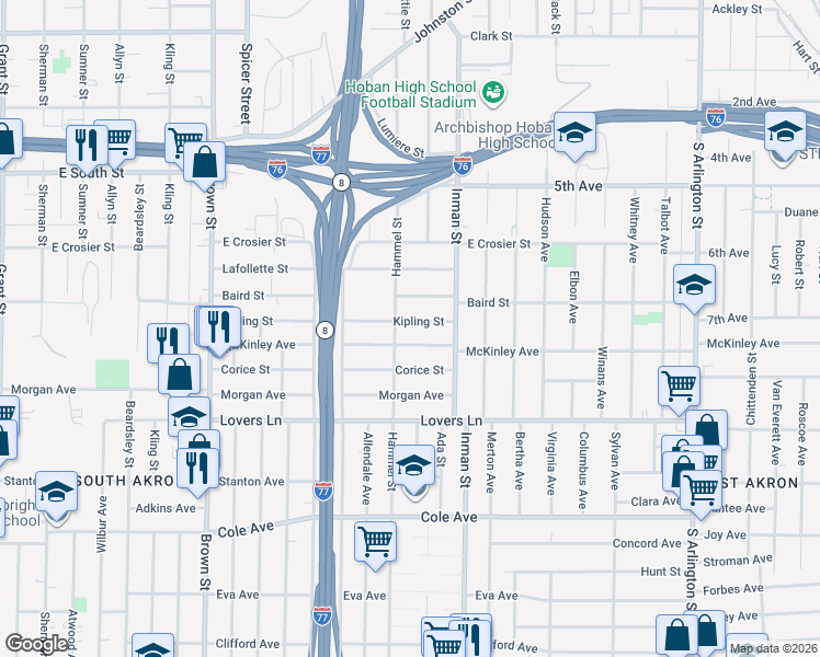 map of restaurants, bars, coffee shops, grocery stores, and more near 726 McKinley Avenue in Akron