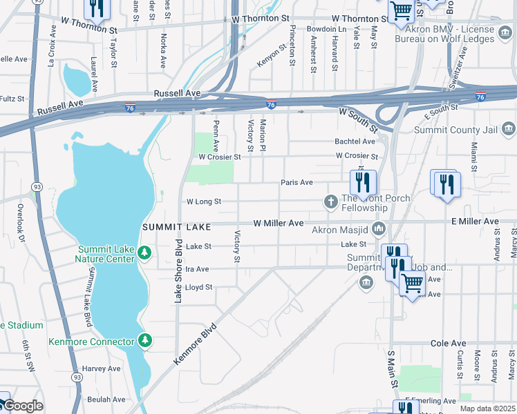 map of restaurants, bars, coffee shops, grocery stores, and more near 211 West Miller Avenue in Akron