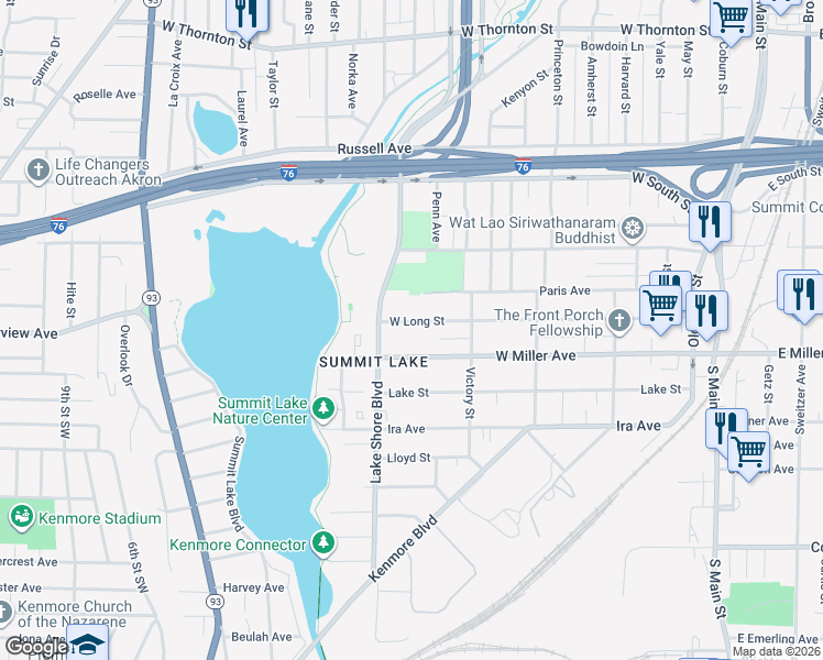 map of restaurants, bars, coffee shops, grocery stores, and more near 297 West Miller Avenue in Akron