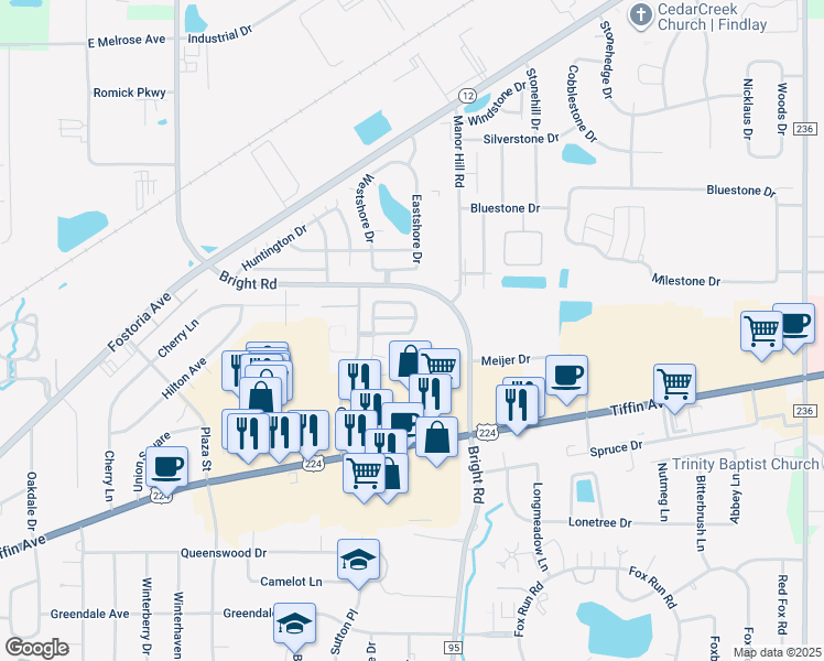 map of restaurants, bars, coffee shops, grocery stores, and more near 1219 Chateau Court in Findlay
