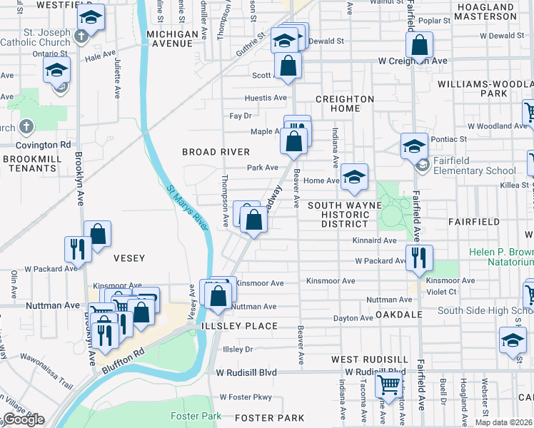 map of restaurants, bars, coffee shops, grocery stores, and more near 1138 Kinnaird Avenue in Fort Wayne
