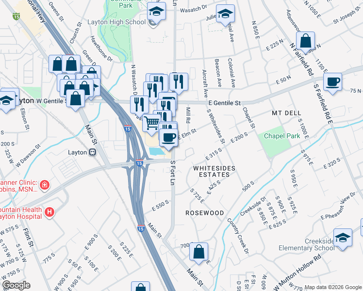 map of restaurants, bars, coffee shops, grocery stores, and more near 499 Twin Trees Lane in Layton