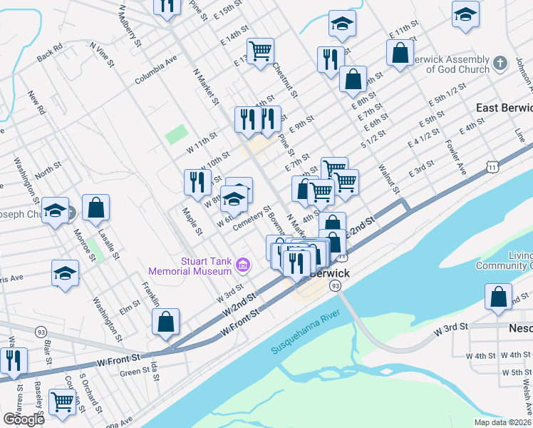 map of restaurants, bars, coffee shops, grocery stores, and more near 346 North Mulberry Street in Berwick