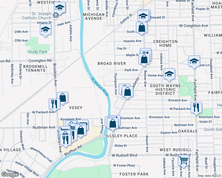 map of restaurants, bars, coffee shops, grocery stores, and more near 1419 West Wildwood Avenue in Fort Wayne