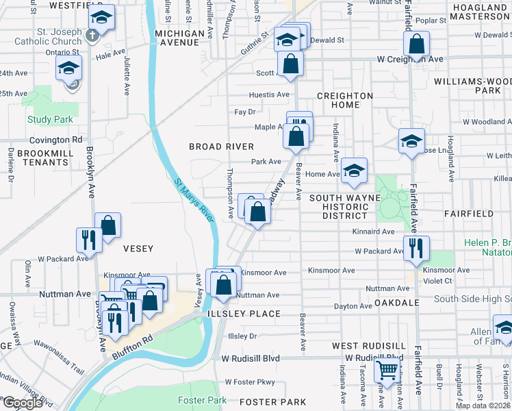 map of restaurants, bars, coffee shops, grocery stores, and more near 1217 West Wildwood Avenue in Fort Wayne