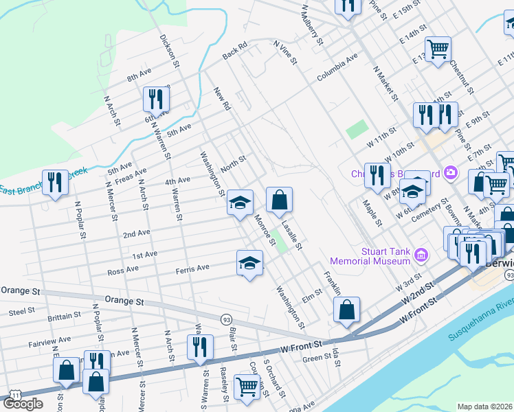 map of restaurants, bars, coffee shops, grocery stores, and more near 710,718 Monroe Street in Berwick