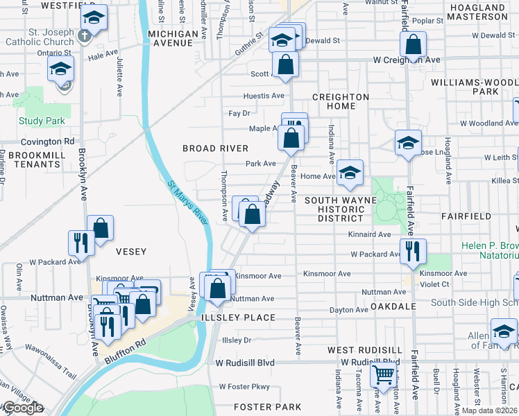 map of restaurants, bars, coffee shops, grocery stores, and more near 3120 Broadway in Fort Wayne