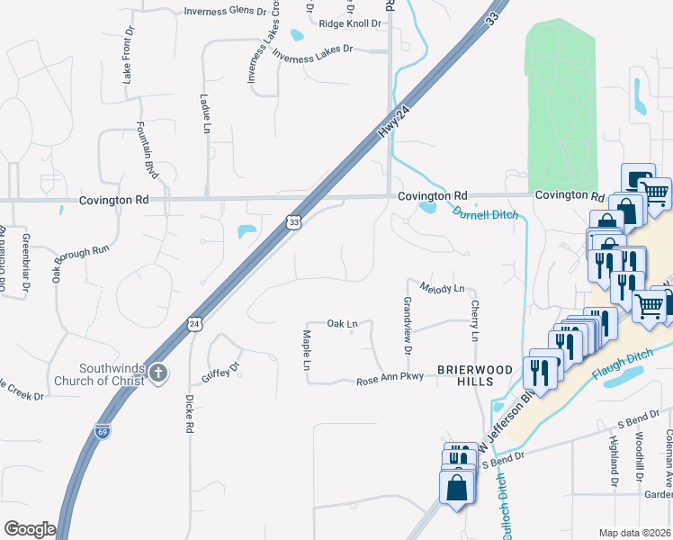 map of restaurants, bars, coffee shops, grocery stores, and more near 7331 Covington Hollow Lane in Fort Wayne