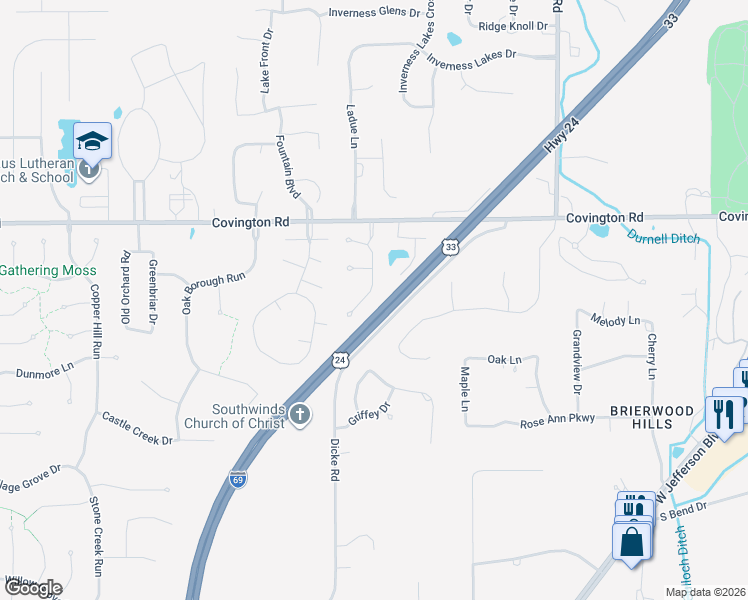 map of restaurants, bars, coffee shops, grocery stores, and more near Highway 3 in Fort Wayne