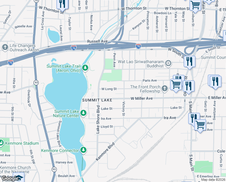 map of restaurants, bars, coffee shops, grocery stores, and more near 278 West Long Street in Akron