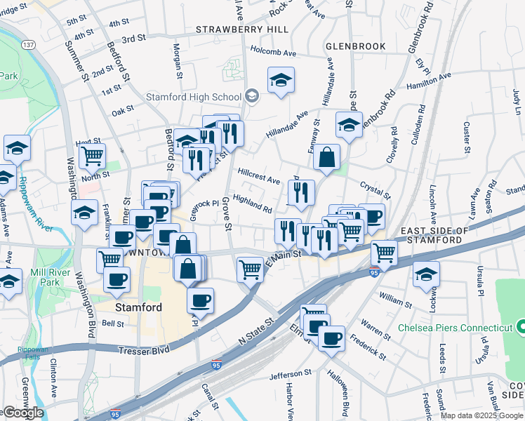 map of restaurants, bars, coffee shops, grocery stores, and more near 79 Highland Road in Stamford