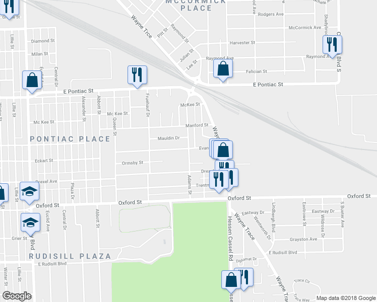 map of restaurants, bars, coffee shops, grocery stores, and more near 3100 Adams Street in Fort Wayne