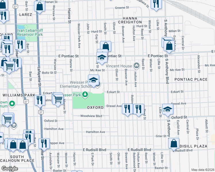 map of restaurants, bars, coffee shops, grocery stores, and more near 1019 Colerick Street in Fort Wayne