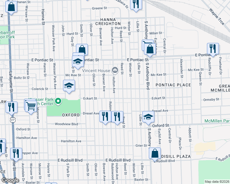 map of restaurants, bars, coffee shops, grocery stores, and more near 2940 Holton Avenue in Fort Wayne
