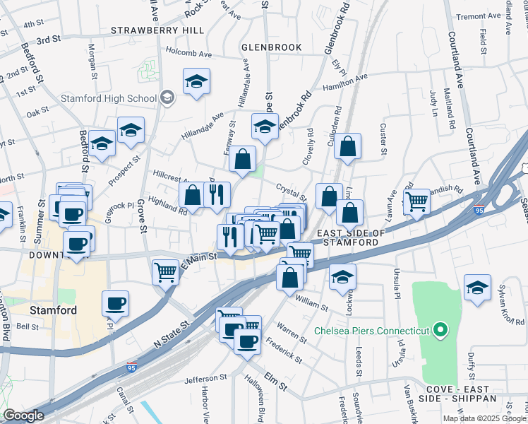 map of restaurants, bars, coffee shops, grocery stores, and more near 120 Lafayette Street in Stamford