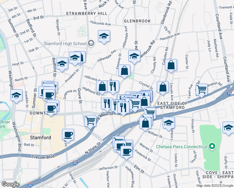 map of restaurants, bars, coffee shops, grocery stores, and more near 66 Glenbrook Road in Stamford