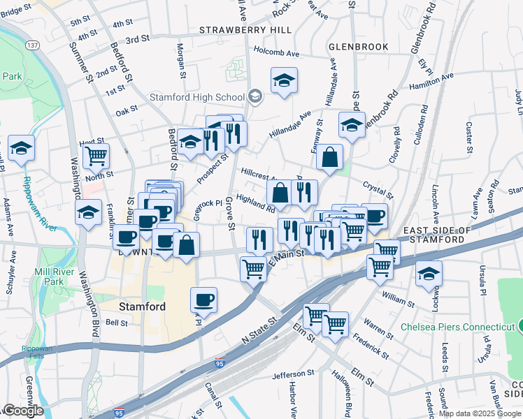 map of restaurants, bars, coffee shops, grocery stores, and more near 8 Terrace Place in Stamford