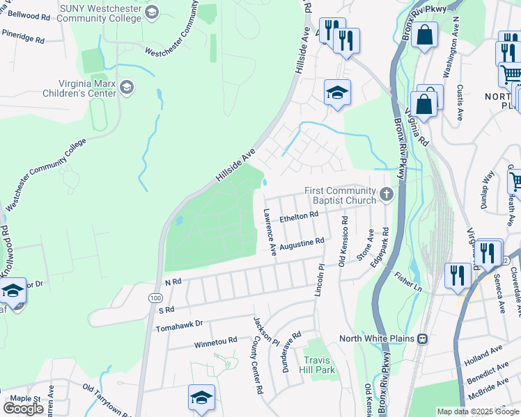 map of restaurants, bars, coffee shops, grocery stores, and more near 138 Maryton Road in White Plains