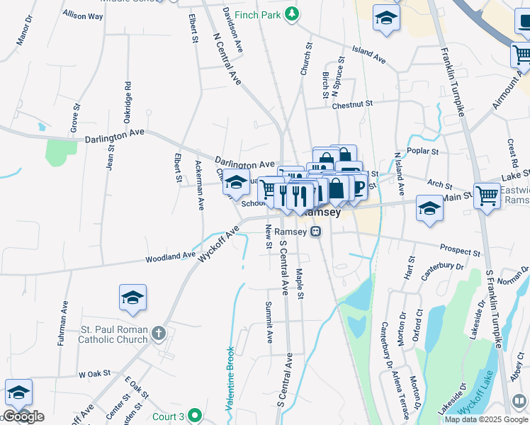 map of restaurants, bars, coffee shops, grocery stores, and more near 25 North Central Avenue in Ramsey