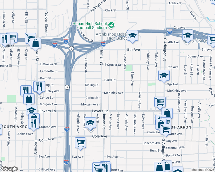 map of restaurants, bars, coffee shops, grocery stores, and more near 811 Baird Street in Akron