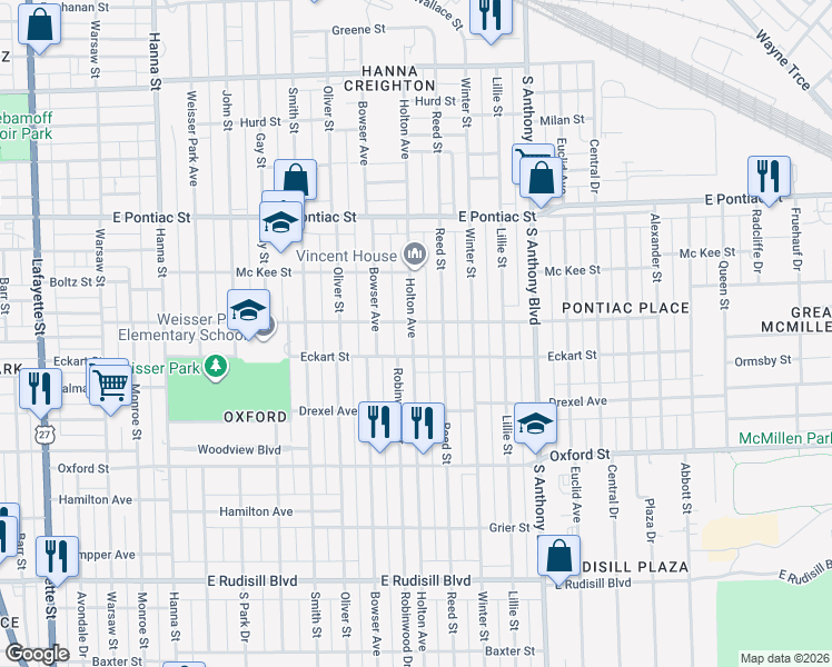 map of restaurants, bars, coffee shops, grocery stores, and more near 2940 Holton Avenue in Fort Wayne